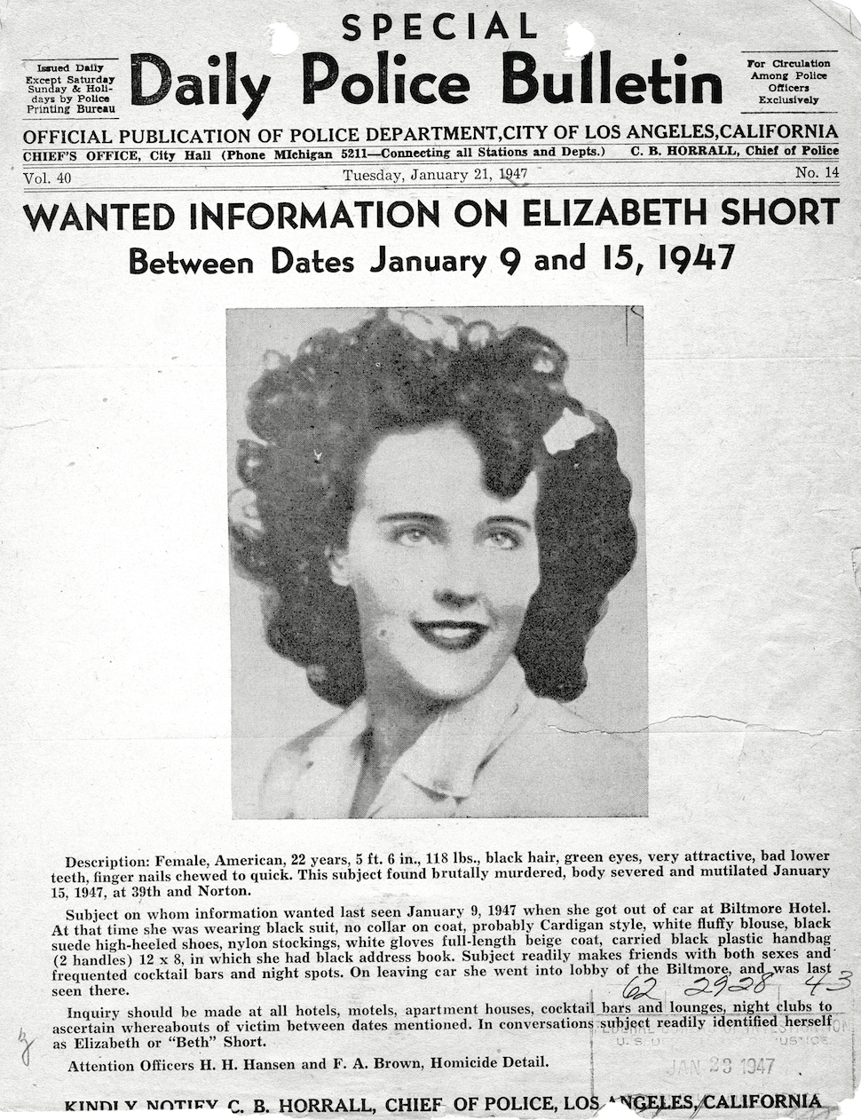 A Los Angeles Police Department flyer on Elizabeth Short.