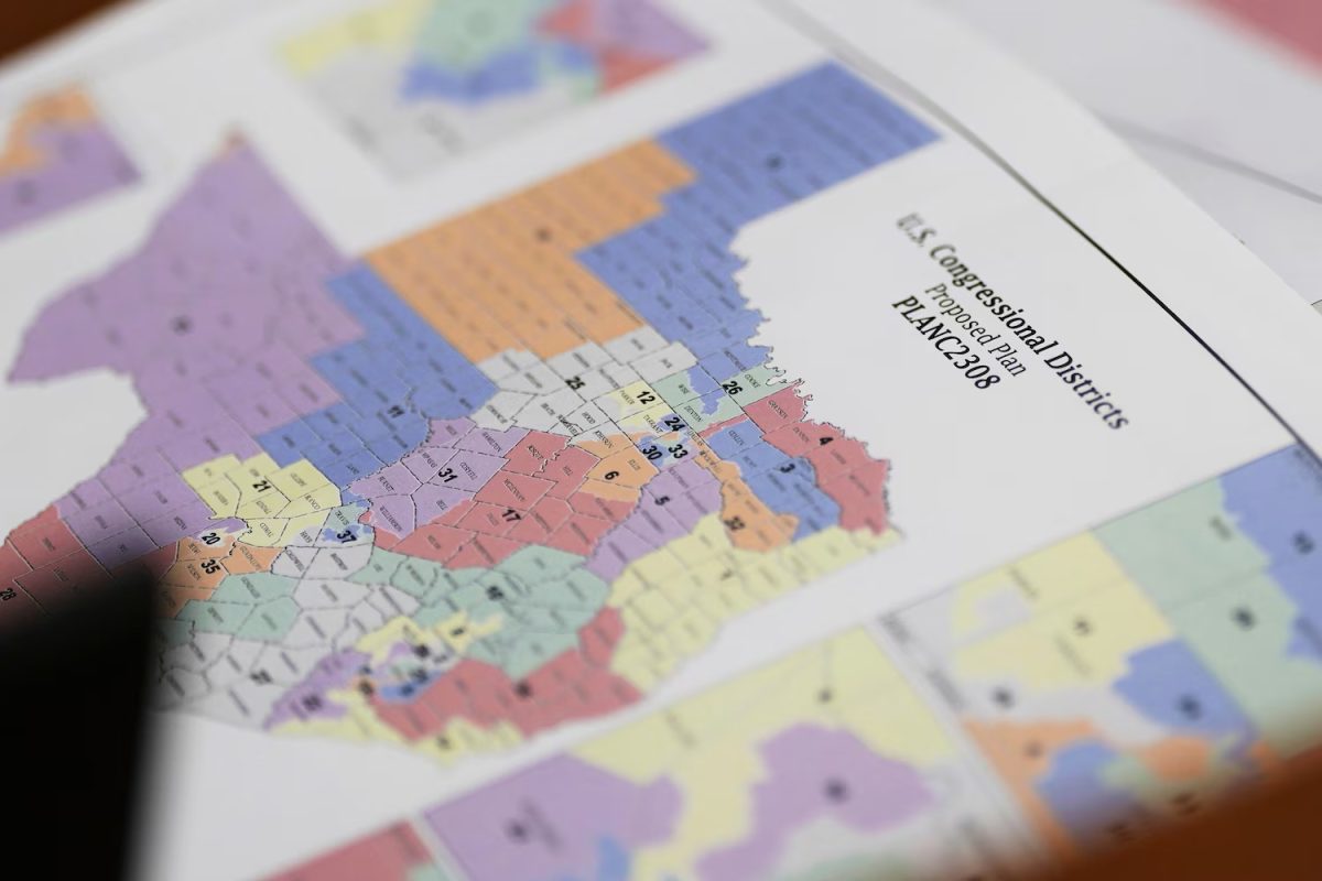 A map of U.S Congressional Districts proposed plan is seen at a Texas legislators' public hearing on congressional redistricting in Austin, Texas, Aug. 1, 2025.