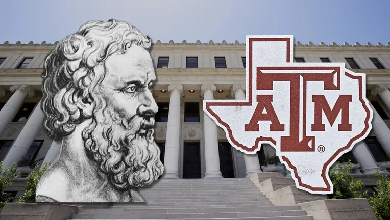A&M Administrative building behind the A&M logo and face of Pluto.
Getty Images, via FOX 7 Austin. Used for educational purposes.